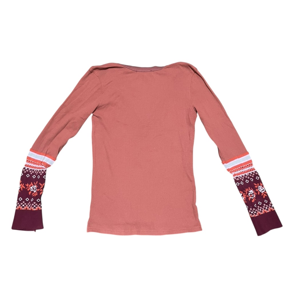 Free People Rust Waffle Henley with Patterned Maroon Cuffs - Picture 5 of 10